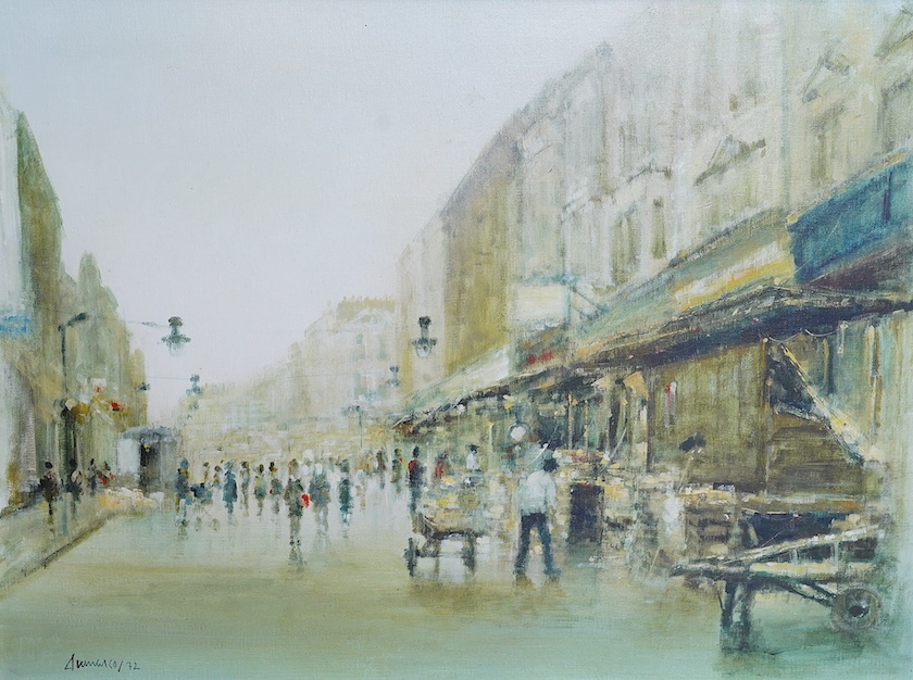Italian School, oil on canvas, Busy street scene with figures, indistinctly signed and dated '72 lower left, 59 x 80cm. Condition - good